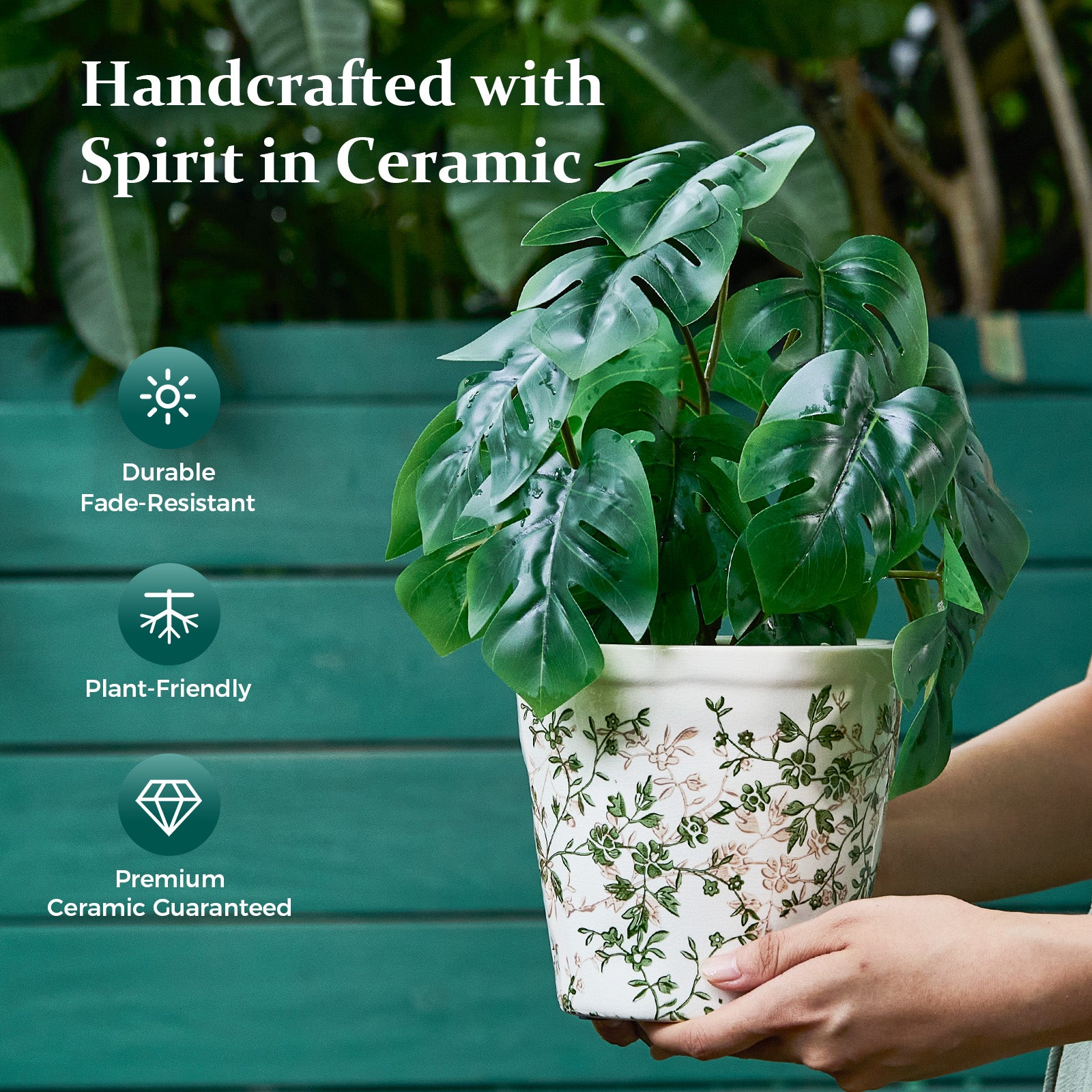 TEWEIQI  Modern Farmhouse Green Floral Ceramic Pot – Ideal for Orchids, Succulents & Home Décor, 6“ or 6.7" Height