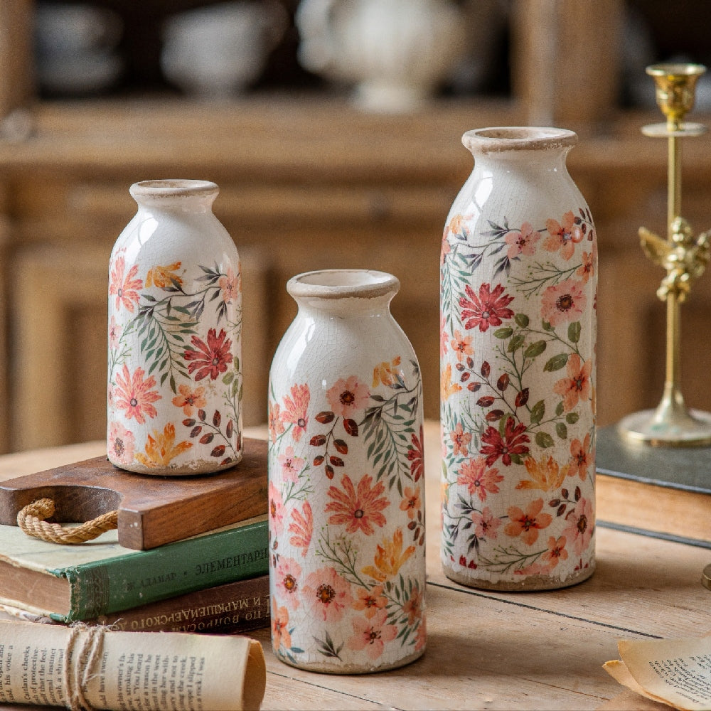 TEWEIQI  Vintage Rustic Ceramic Small Vase Set 3-in-1, Farmhouse Decorative Flower Vase for Home, Living Room Mantel, Kitchen, Bedroom & Entryway Decor