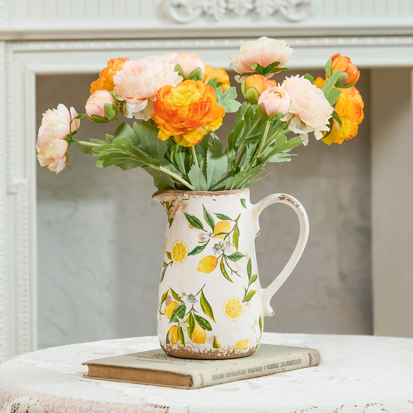 TEWEIQI  Vintage Lemon Ceramic Vase with Handle, Retro Ice Glazed Crack Farmhouse Pitcher Vase for Home Decor, 7" or 9" Height