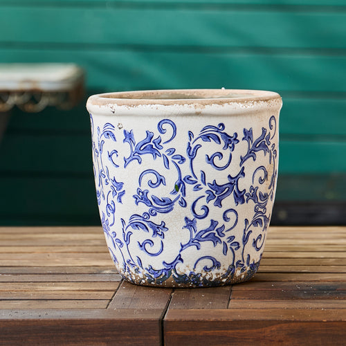 TEWEIQI  Farmhouse Ceramic Planter, Iced Crack Blue Flowers Vintage-inspired Ceramic Planter, 5.4” or 6.3" Height