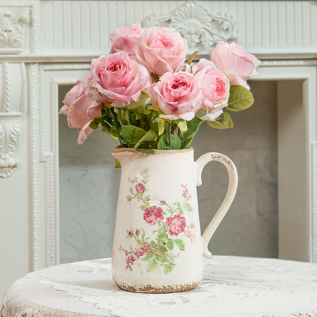 TEWEIQI  Vintage Pink Rose Ceramic Vase with Handle, Distressed Farmhouse Pitcher for Home Decor, 7" or 9" Height