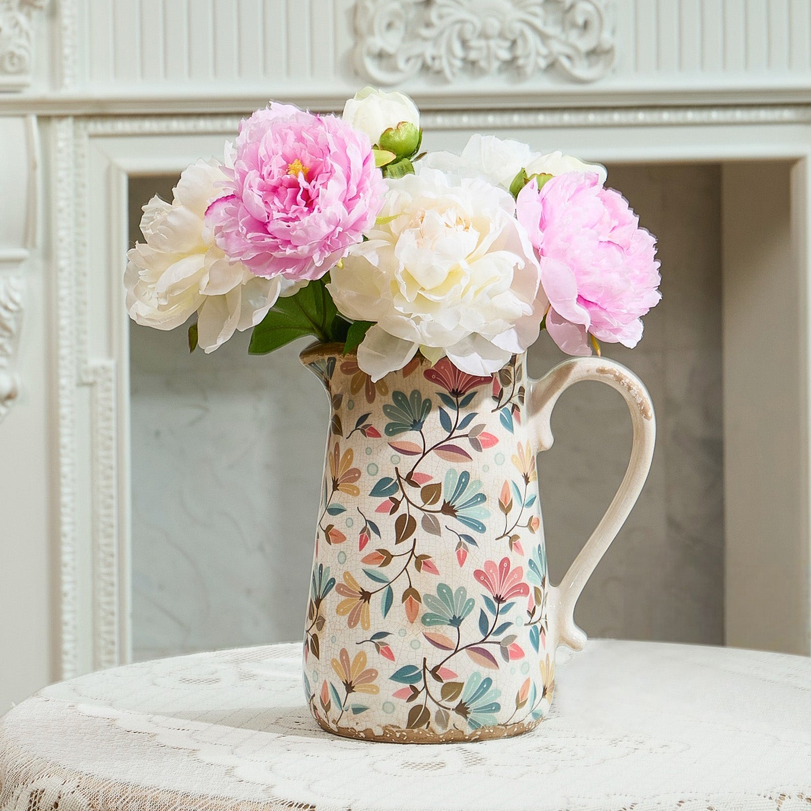 Vintage Colorful Flower Ceramic Vase with Handle, Retro Ice Glazed Crack Farmhouse Pitcher Vase for Home Decor, Living Room, Shelf, Office, Rustic Table Centerpiece 9 Inch