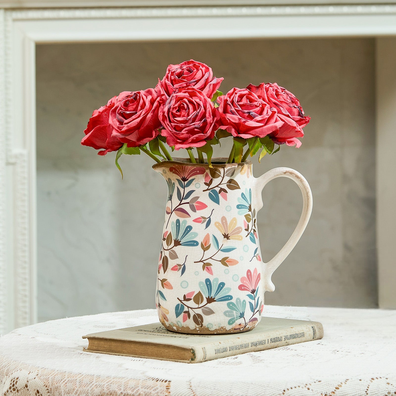 Vintage Colorful Flower Ceramic Vase with Handle, Retro Ice Glazed Crack Farmhouse Pitcher Vase for Home Decor, Living Room, Shelf, Office, Rustic Table Centerpiece 7 Inch