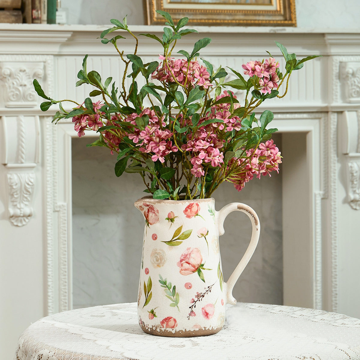 Retro Rustic Large Ceramic Vase with Handle, Distressed Farmhouse Pitcher for Home, Ideal Shelf Decor Floral Vase for Living Room Bedroom Office Table Centerpiece Decorations 9 Inch