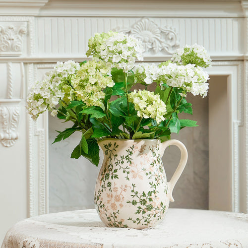 Ceramic Green and White Floral Vase with Handle, Rustic Farmhouse Pitcher Flower Vase, Chinoiserie Floral Vase for Home Decor, Living Room, Shelf, Office, Rustic Table Centerpiece 8 Inch