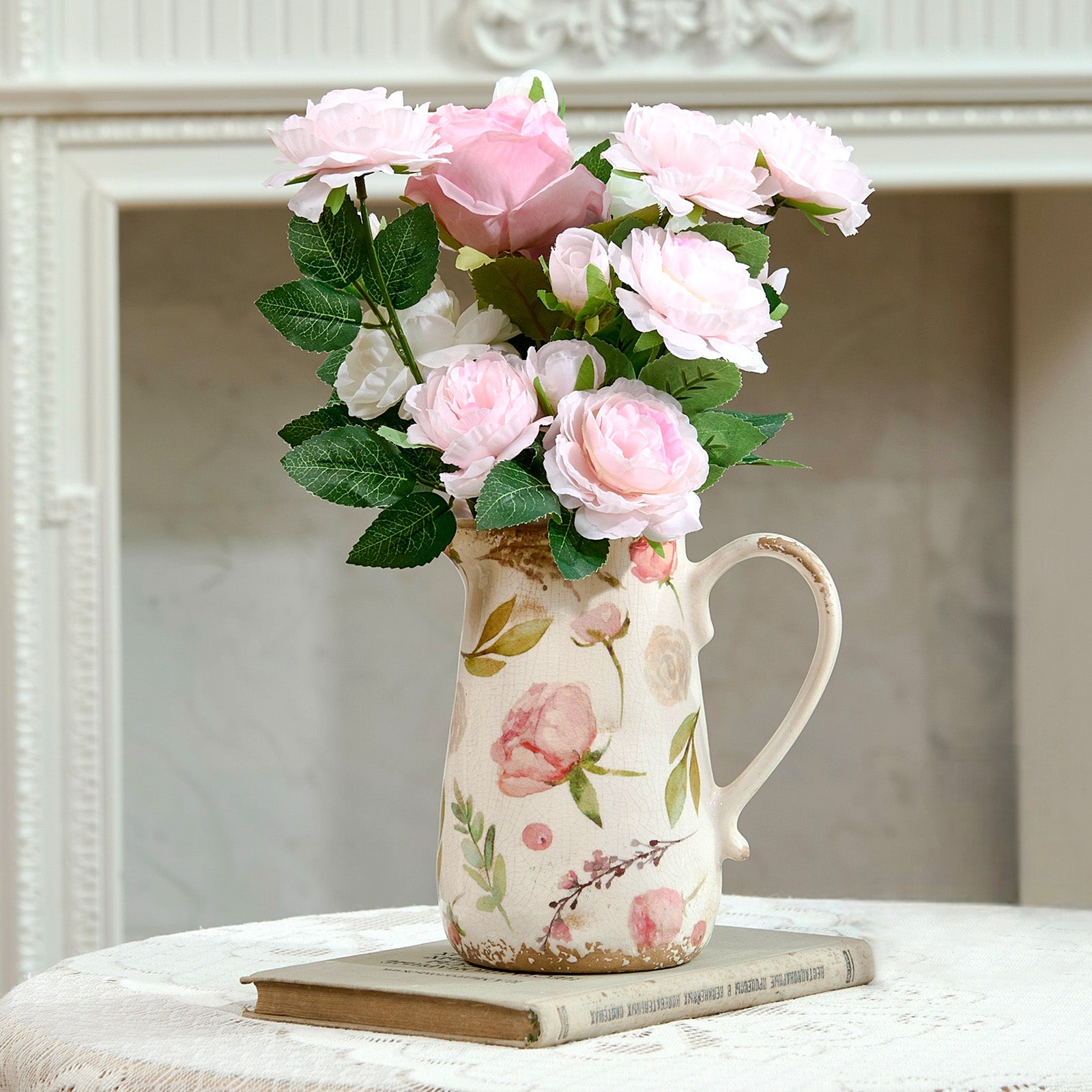 Vintage Fruit and Floral Ceramic Vase with Handle, Retro Ice Glazed Crack Farmhouse Pitcher Vase for Home Decor, Living Room, Shelf, Office, Rustic Table Centerpiece 7 Inch