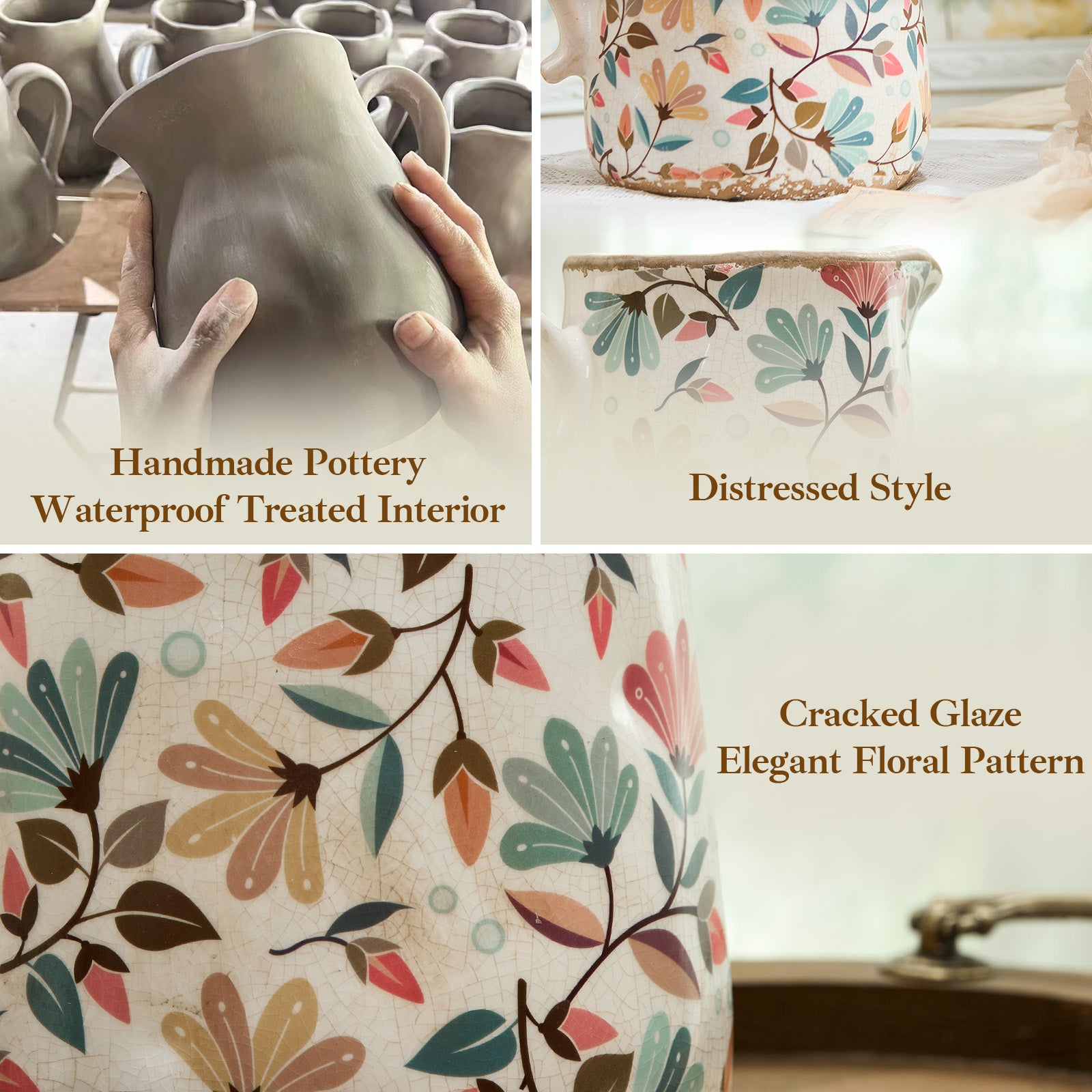 Vintage Colorful Flower Ceramic Vase with Handle, Retro Ice Glazed Crack Farmhouse Pitcher Vase for Home Decor, Living Room, Shelf, Office, Rustic Table Centerpiece 9 Inch