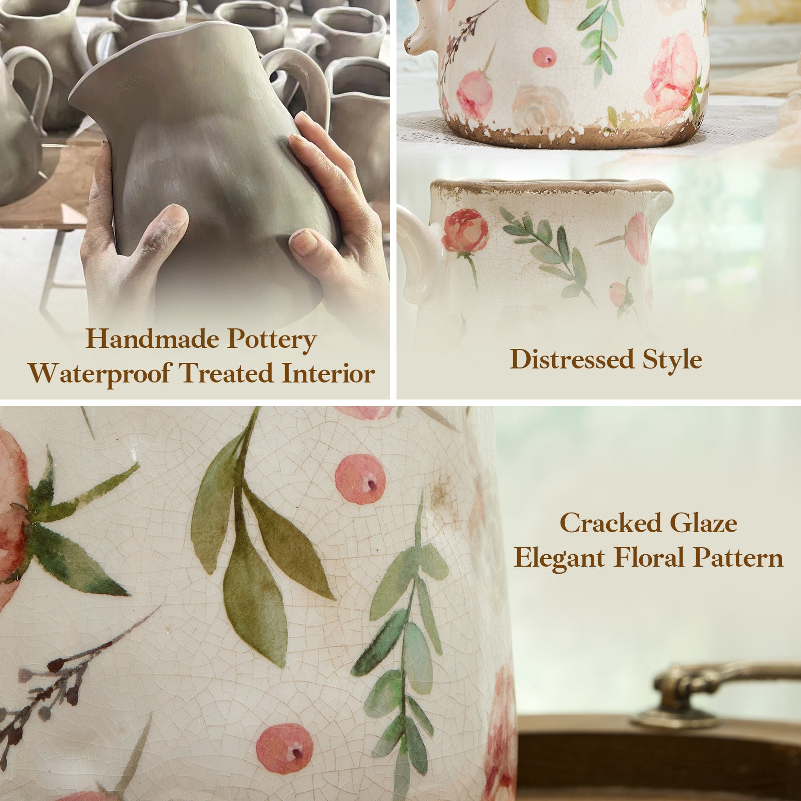 Vintage Fruit and Floral Ceramic Vase with Handle, Retro Ice Glazed Crack Farmhouse Pitcher Vase for Home Decor, Living Room, Shelf, Office, Rustic Table Centerpiece 7 Inch