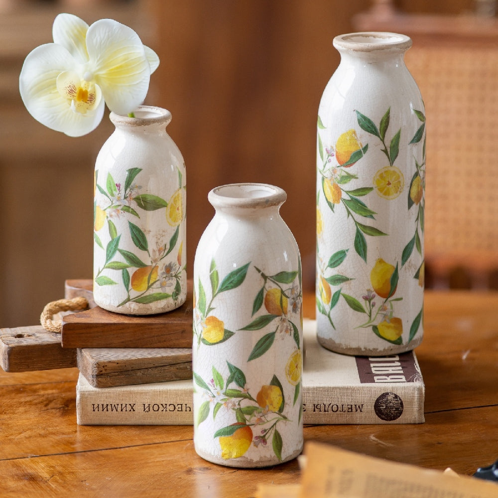 TEWEIQI  Ceramic Small Vase Set 3-in-1, Crackle Glaze Vintage Vases with Lemon Print, Farmhouse Home Decor for Mantel Dining Table Centerpiece