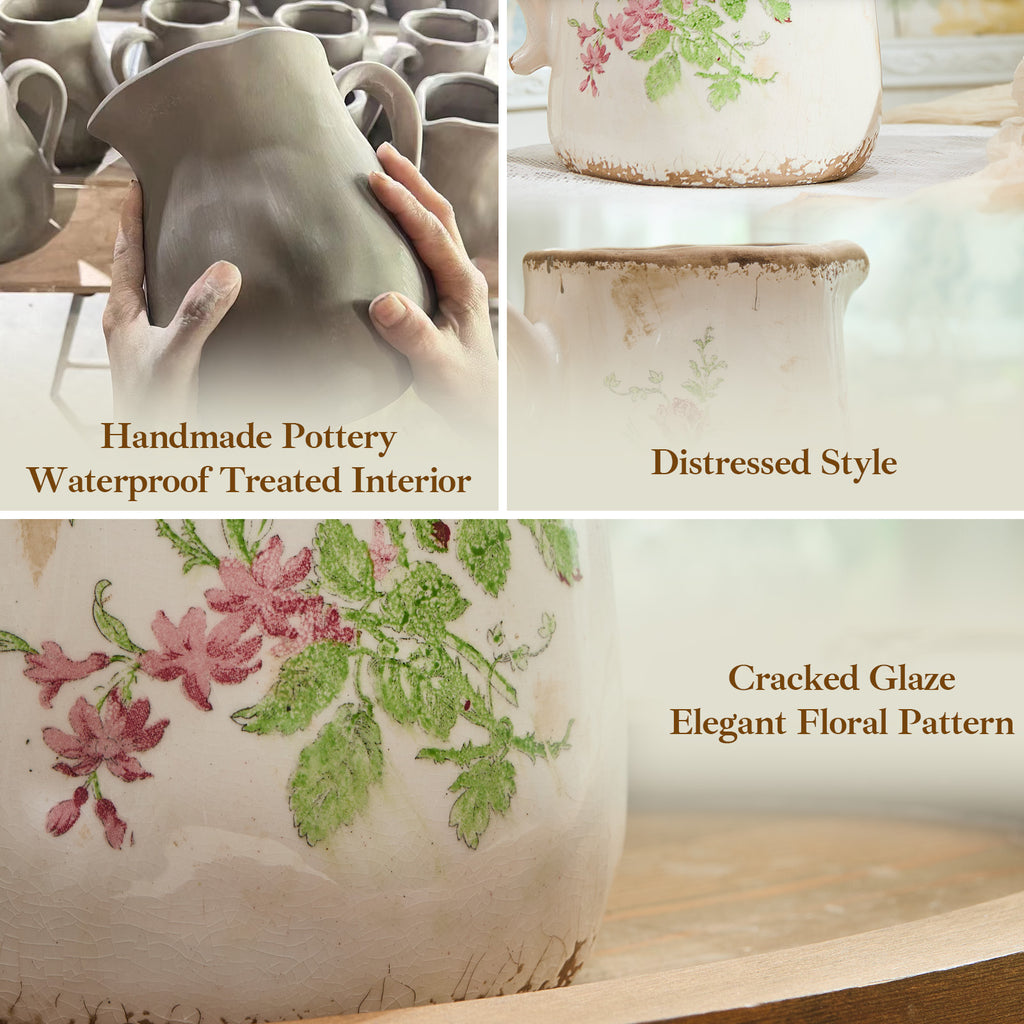 TEWEIQI  Vintage Pink Rose Ceramic Vase with Handle, Distressed Farmhouse Pitcher for Home Decor, 7" or 9" Height