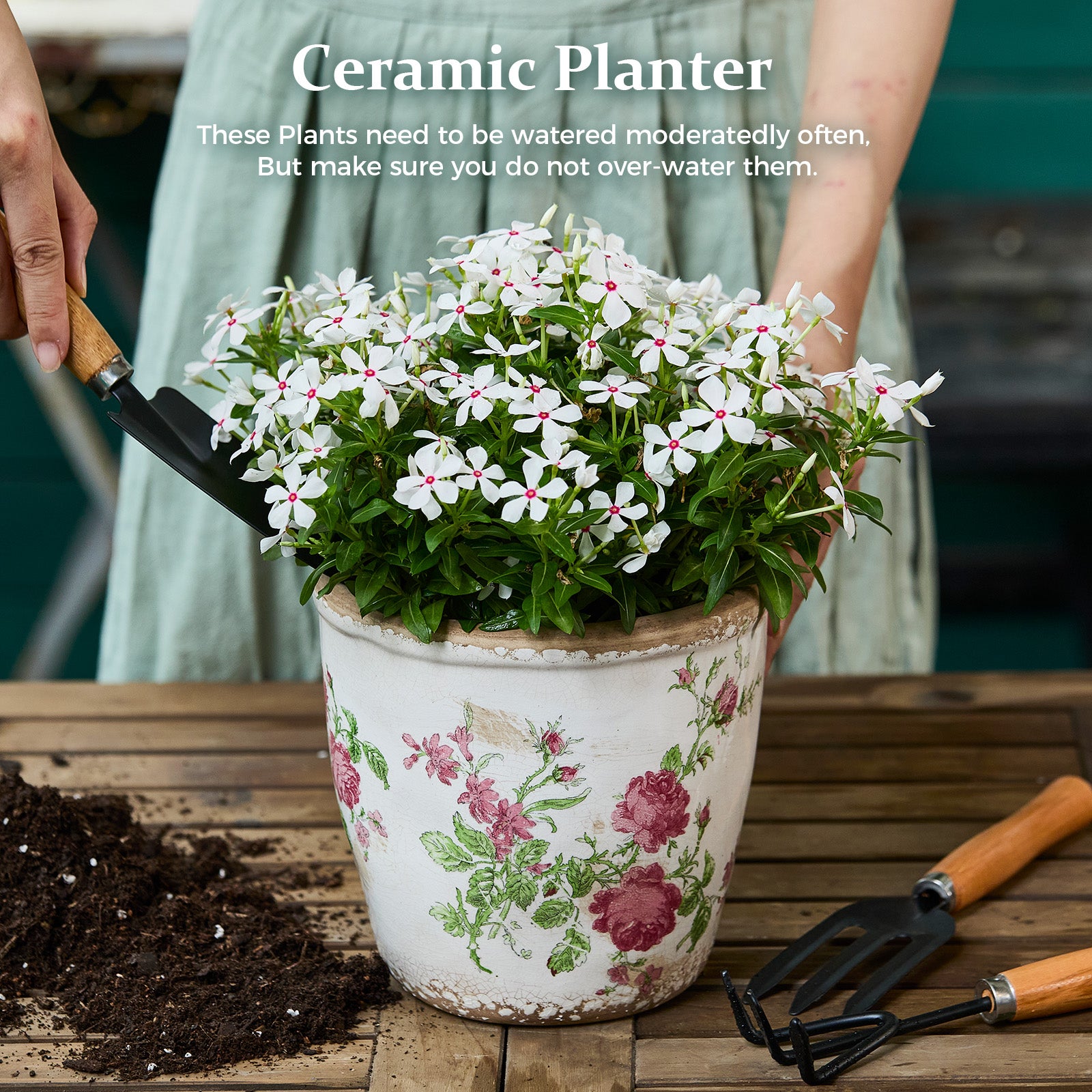 TEWEIQI  Vintage Pink Floral Ceramic Planter, Flower Pot for Home, Office & Garden Décor, 5.4” or 6.3" Height