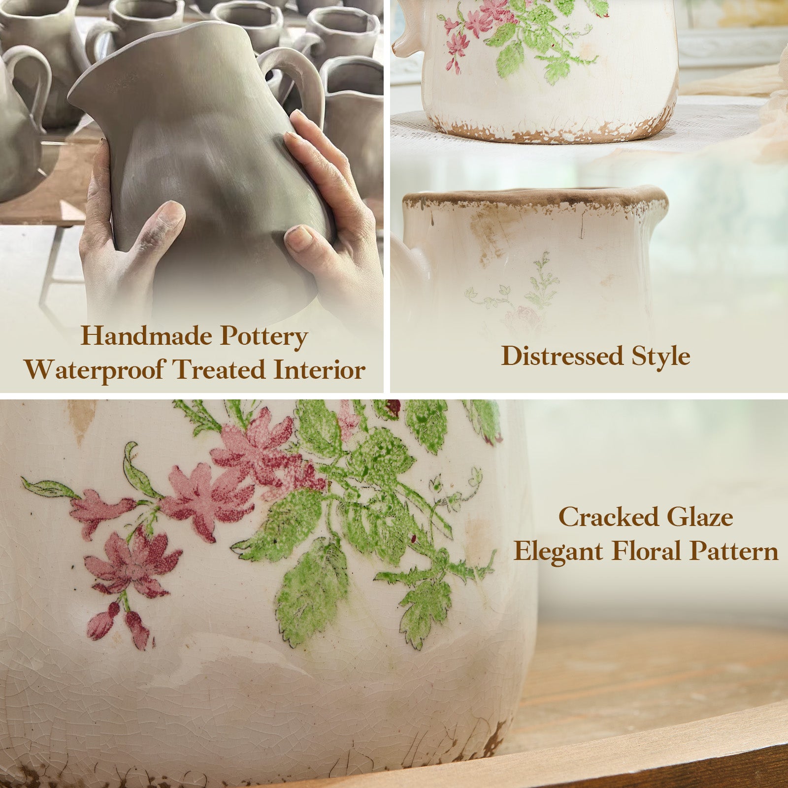 Vintage Rose Flora Ceramic Vase with Handle, Retro Ice Glazed Crack Farmhouse Pitcher Vase for Home Decor, Living Room, Shelf, Office, Rustic Table Centerpiece 7 Inch