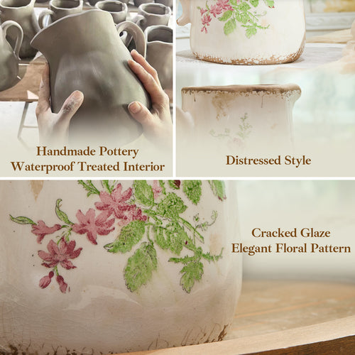 Vintage Rose Flora Ceramic Vase with Handle, Retro Ice Glazed Crack Farmhouse Pitcher Vase for Home Decor, Living Room, Shelf, Office, Rustic Table Centerpiece 7 Inch