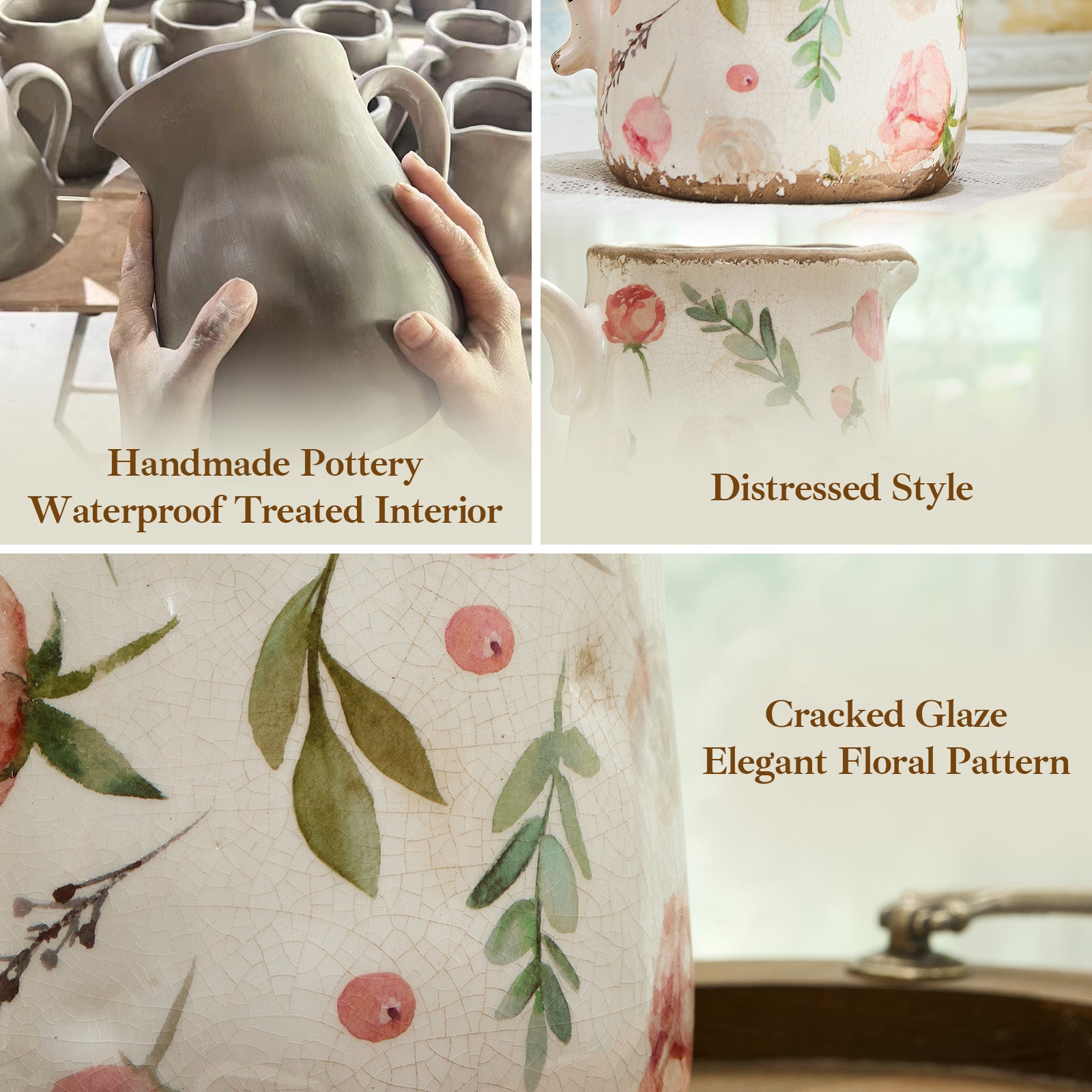 Retro Rustic Large Ceramic Vase with Handle, Distressed Farmhouse Pitcher for Home, Ideal Shelf Decor Floral Vase for Living Room Bedroom Office Table Centerpiece Decorations 9 Inch