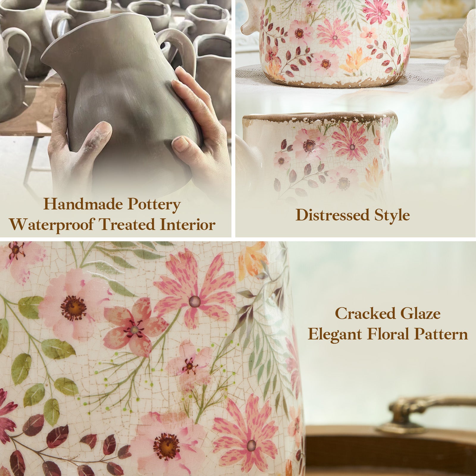 Retro Rustic Large Ceramic Vase with Handle, Distressed Farmhouse Pitcher for Home, Ideal Shelf Decor, Colorful Daisy Floral Vase for Living Room Bedroom Office Table Centerpiece Decorations 9 Inch