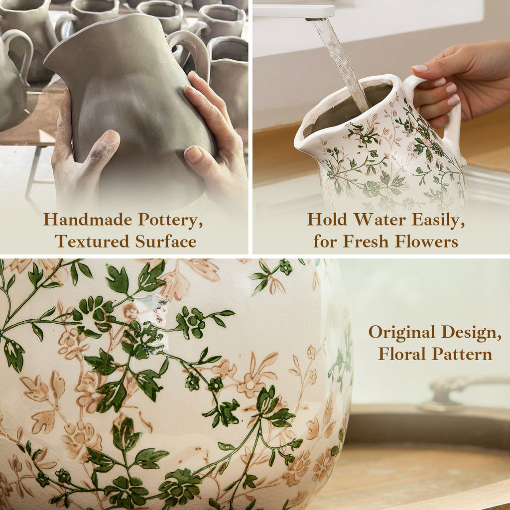 TEWEIQI  Rustic Green Floral Ceramic Vase, Chinoiserie Pitcher Vase for Living Room & Office Decor, 6" or 8" Height