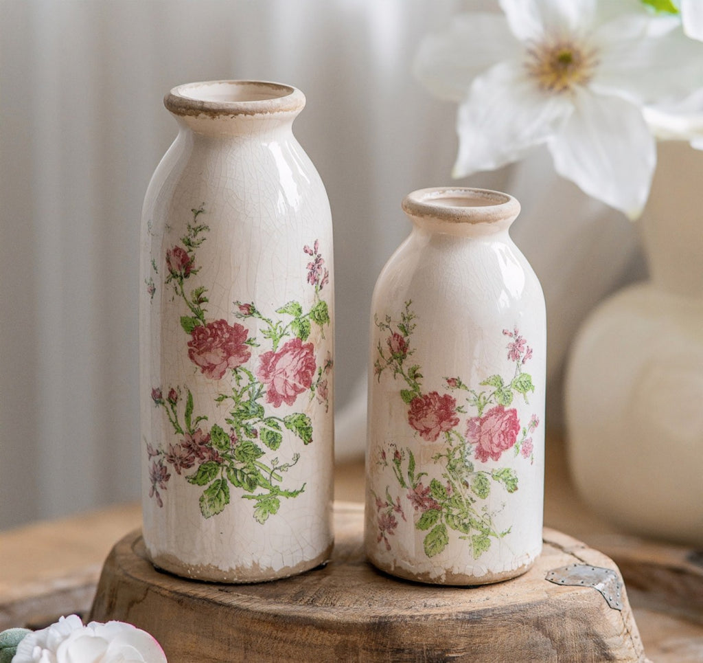 TEWEIQI  2 Sizes Retro Rose Floral Mini Ceramic Vases Set - Rustic Table Centerpiece Home Decor