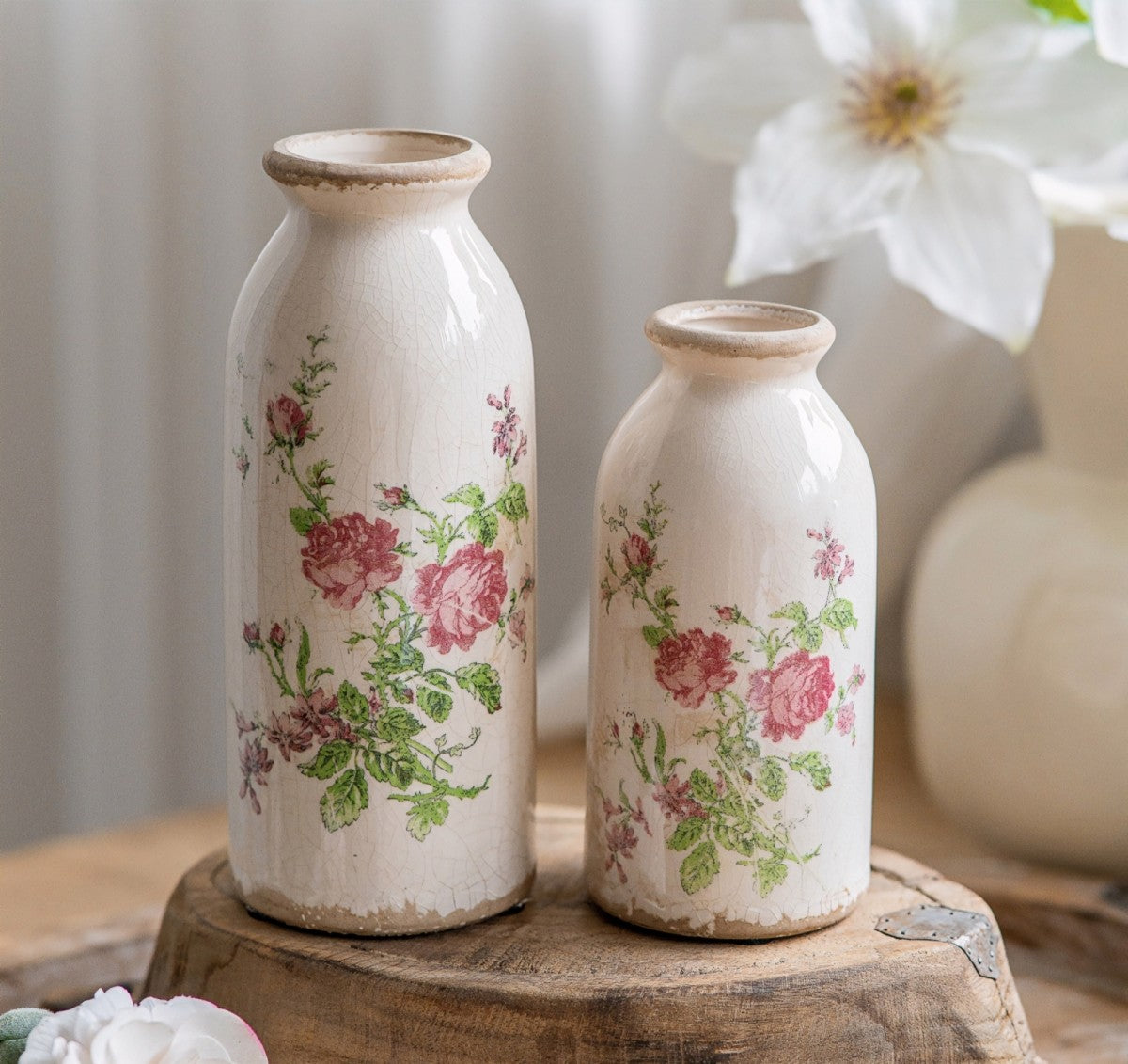 TEWEIQI  2 Sizes Retro Rose Floral Mini Ceramic Vases Set - Rustic Table Centerpiece Home Decor