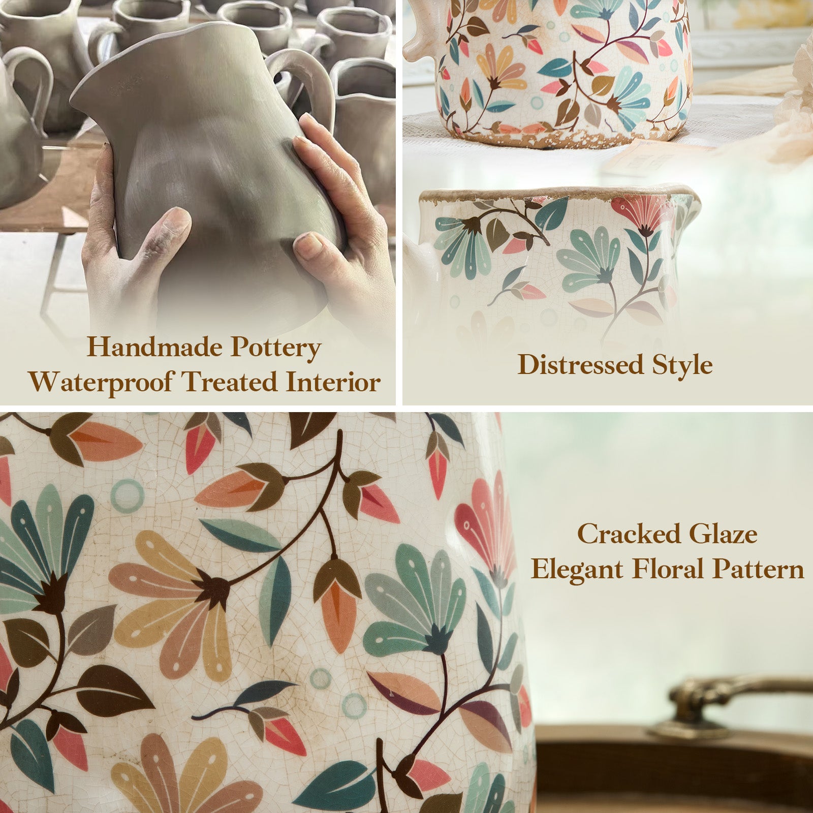 Vintage Colorful Flower Ceramic Vase with Handle, Retro Ice Glazed Crack Farmhouse Pitcher Vase for Home Decor, Living Room, Shelf, Office, Rustic Table Centerpiece 7 Inch