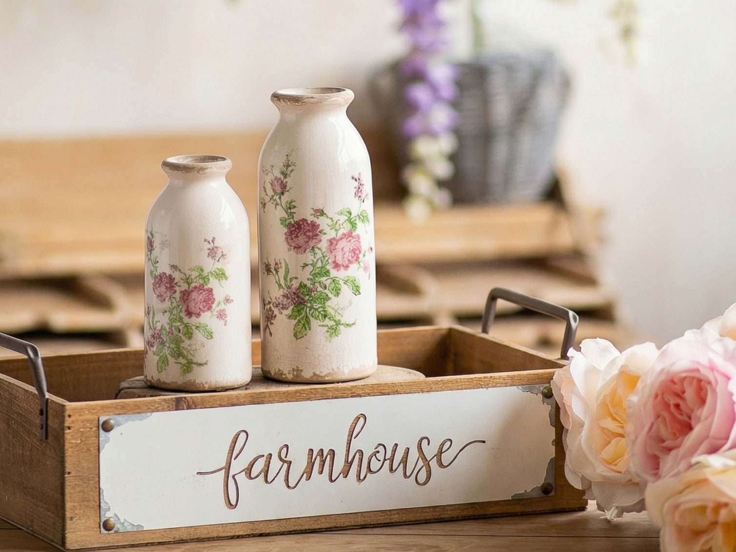 TEWEIQI  2 Sizes Retro Rose Floral Mini Ceramic Vases Set - Rustic Table Centerpiece Home Decor