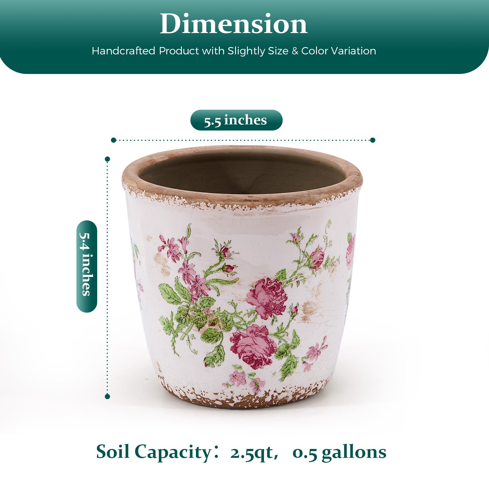 TEWEIQI  Vintage Pink Floral Ceramic Planter, Flower Pot for Home, Office & Garden Décor, 5.4” or 6.3" Height