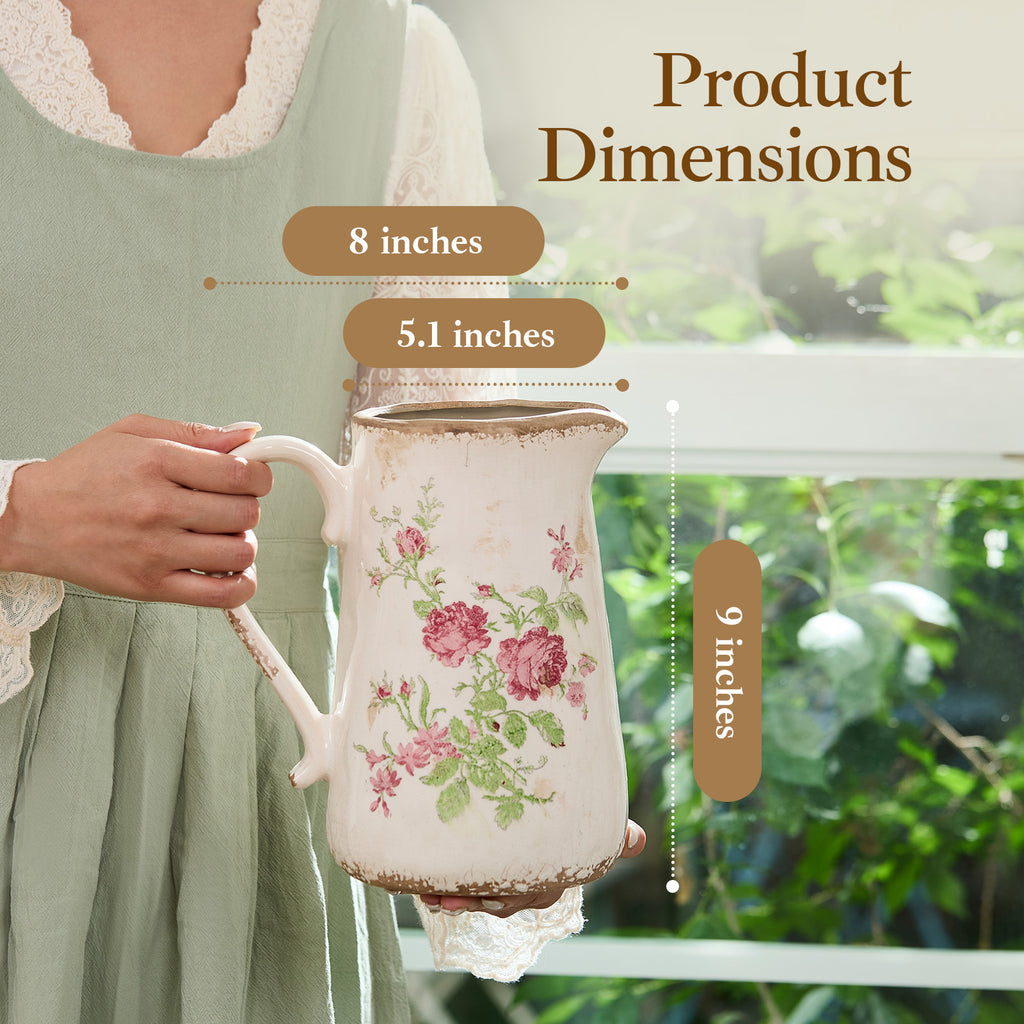 TEWEIQI  Vintage Pink Rose Ceramic Vase with Handle, Distressed Farmhouse Pitcher for Home Decor, 7" or 9" Height