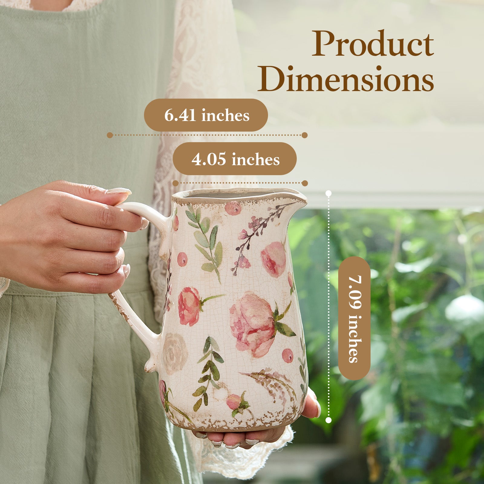 Vintage Fruit and Floral Ceramic Vase with Handle, Retro Ice Glazed Crack Farmhouse Pitcher Vase for Home Decor, Living Room, Shelf, Office, Rustic Table Centerpiece 7 Inch