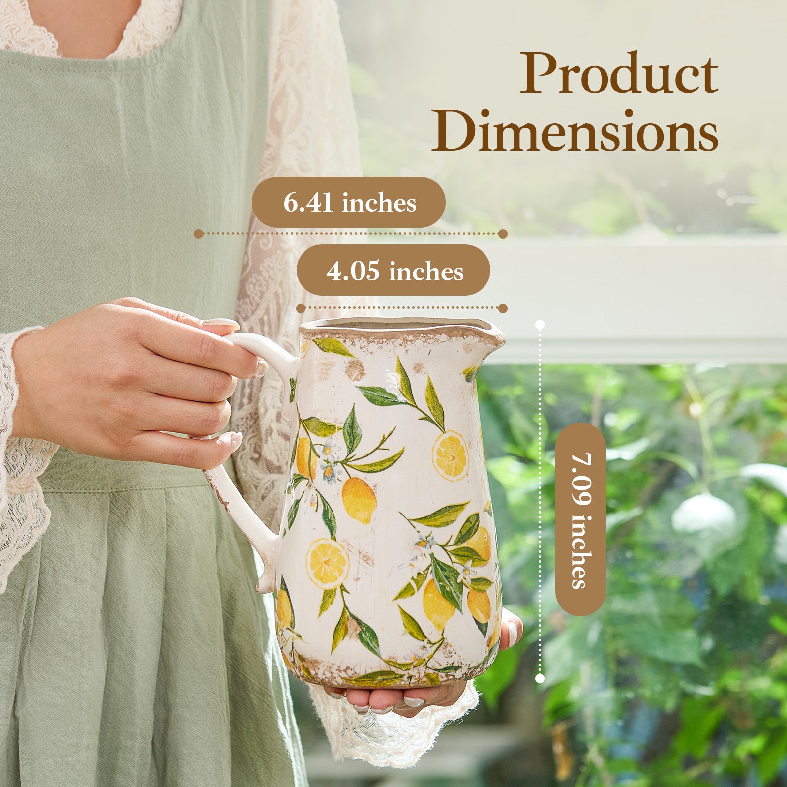 TEWEIQI  Vintage Lemon Ceramic Vase with Handle, Retro Ice Glazed Crack Farmhouse Pitcher Vase for Home Decor, 7" or 9" Height