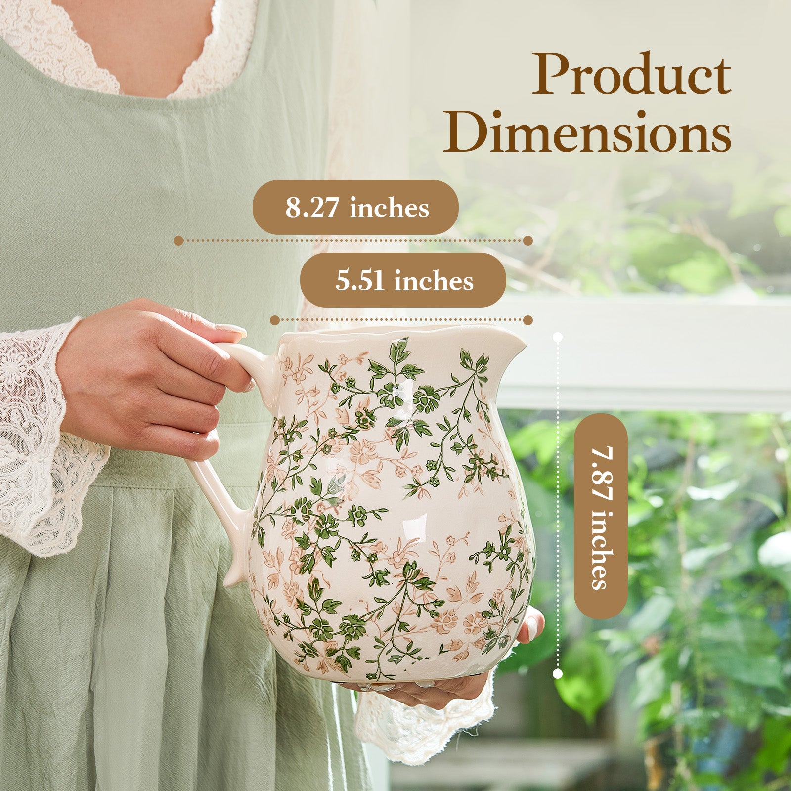 Ceramic Green and White Floral Vase with Handle, Rustic Farmhouse Pitcher Flower Vase, Chinoiserie Floral Vase for Home Decor, Living Room, Shelf, Office, Rustic Table Centerpiece 8 Inch