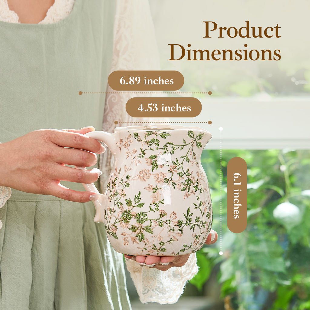 TEWEIQI  Rustic Green Floral Ceramic Vase, Chinoiserie Pitcher Vase for Living Room & Office Decor, 6" or 8" Height