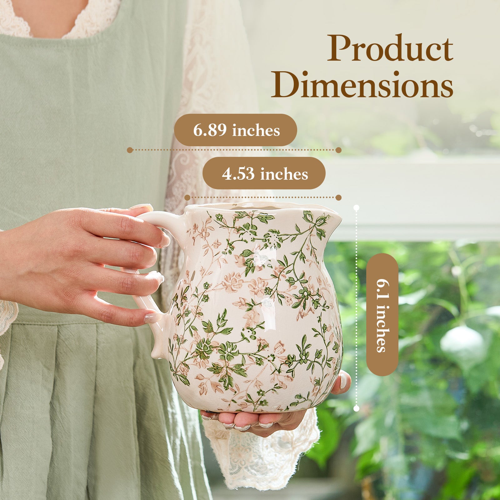 TEWEIQI  Rustic Green Floral Ceramic Vase, Chinoiserie Pitcher Vase for Living Room & Office Decor, 6" or 8" Height