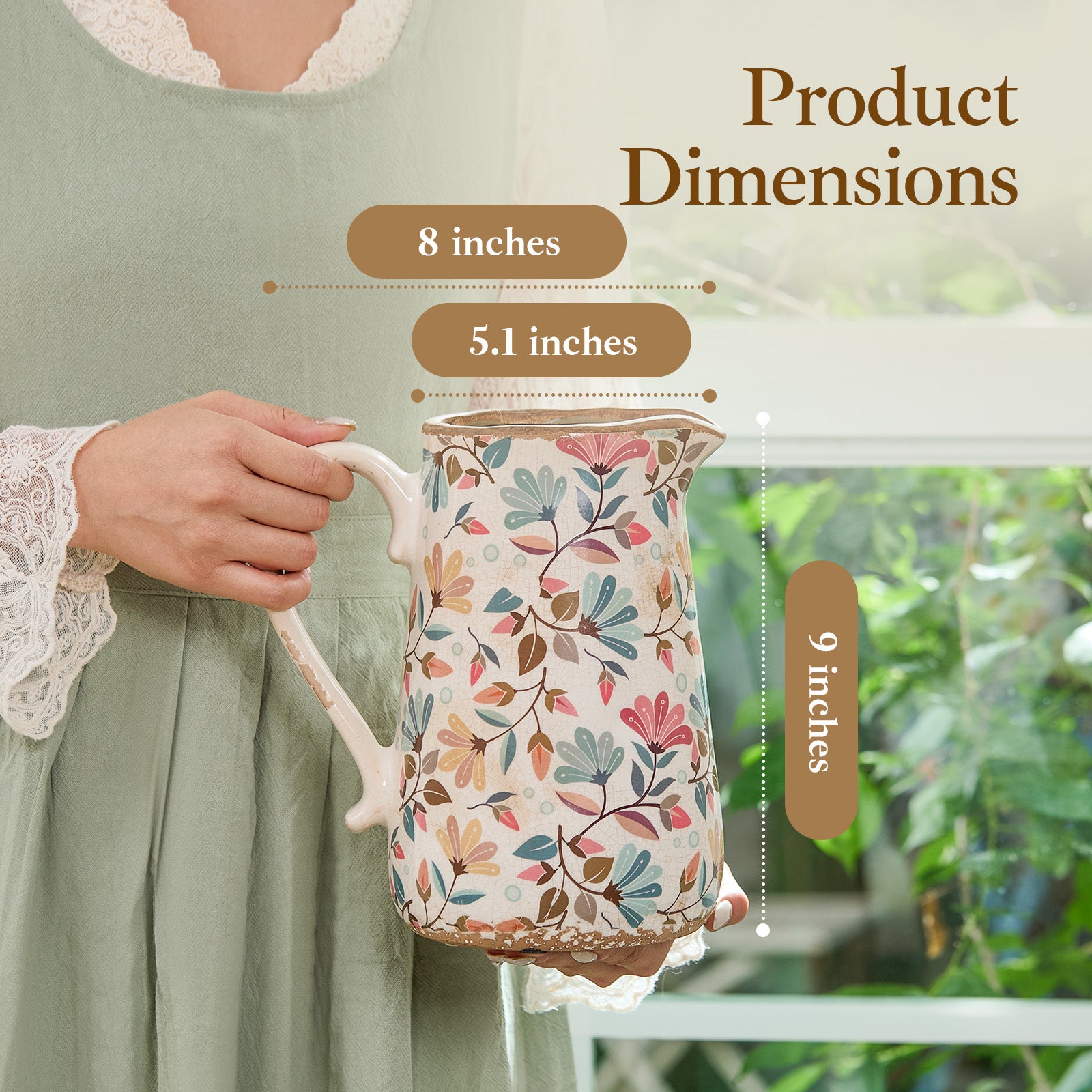 Vintage Colorful Flower Ceramic Vase with Handle, Retro Ice Glazed Crack Farmhouse Pitcher Vase for Home Decor, Living Room, Shelf, Office, Rustic Table Centerpiece 9 Inch