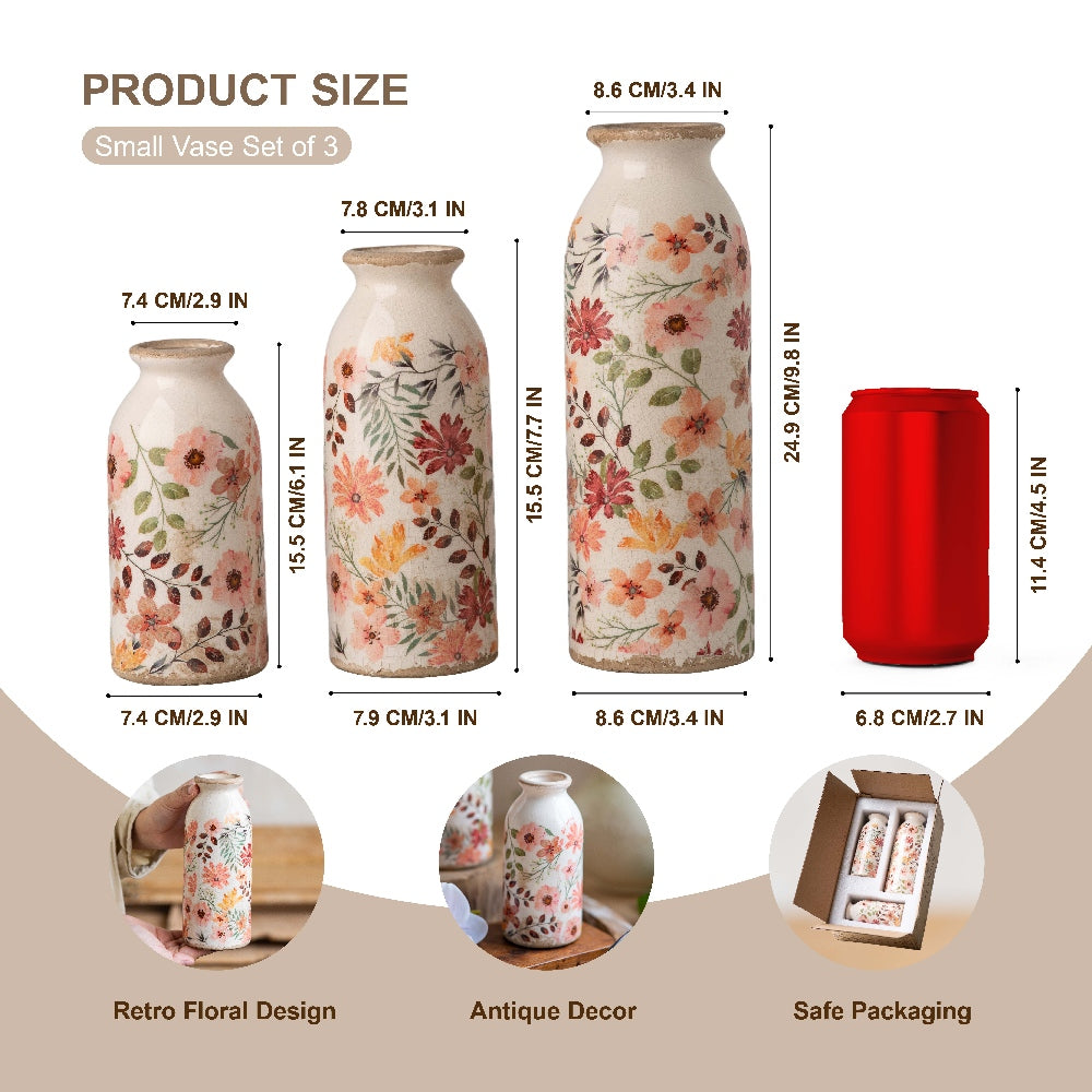 TEWEIQI  Vintage Rustic Ceramic Small Vase Set 3-in-1, Farmhouse Decorative Flower Vase for Home, Living Room Mantel, Kitchen, Bedroom & Entryway Decor