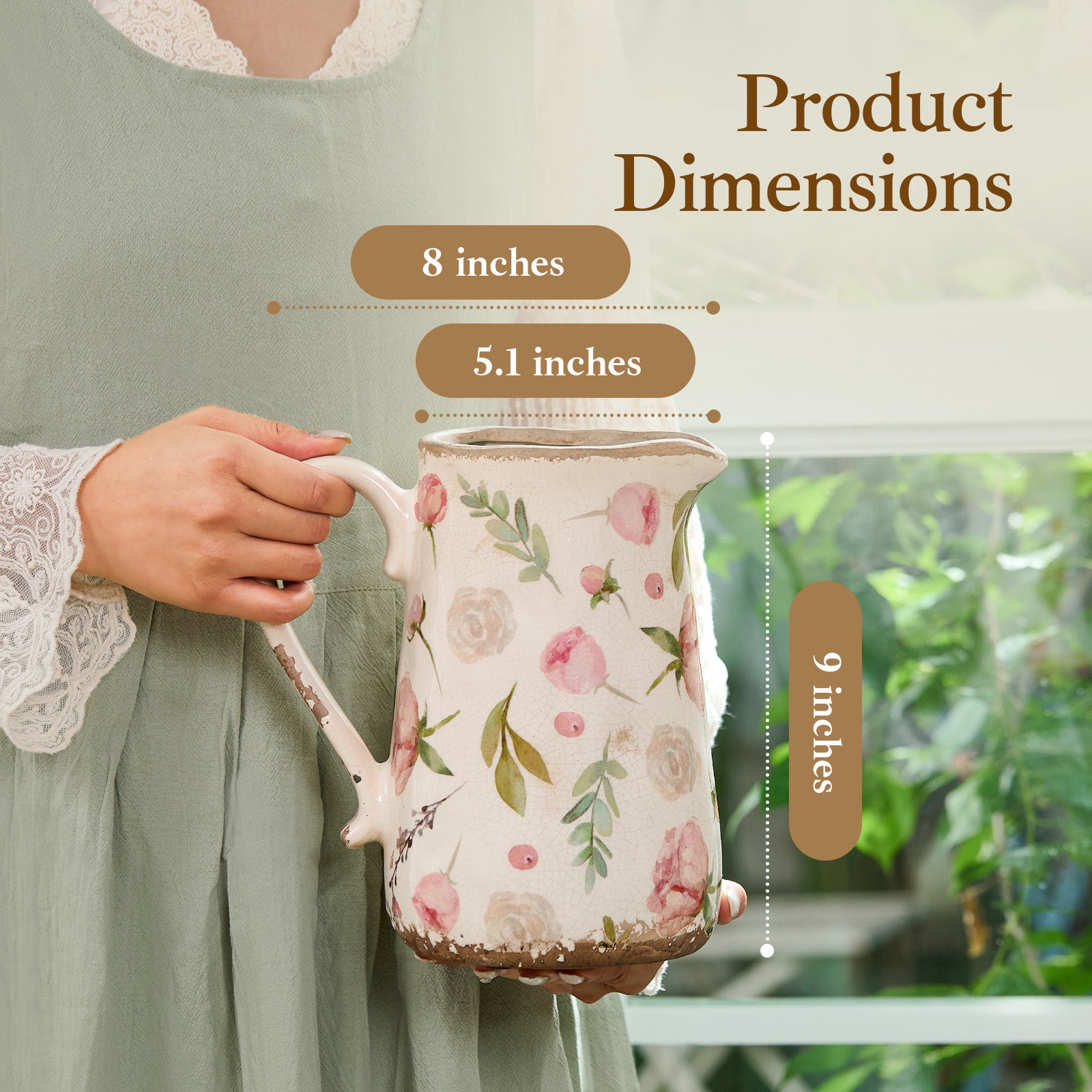 Retro Rustic Large Ceramic Vase with Handle, Distressed Farmhouse Pitcher for Home, Ideal Shelf Decor Floral Vase for Living Room Bedroom Office Table Centerpiece Decorations 9 Inch