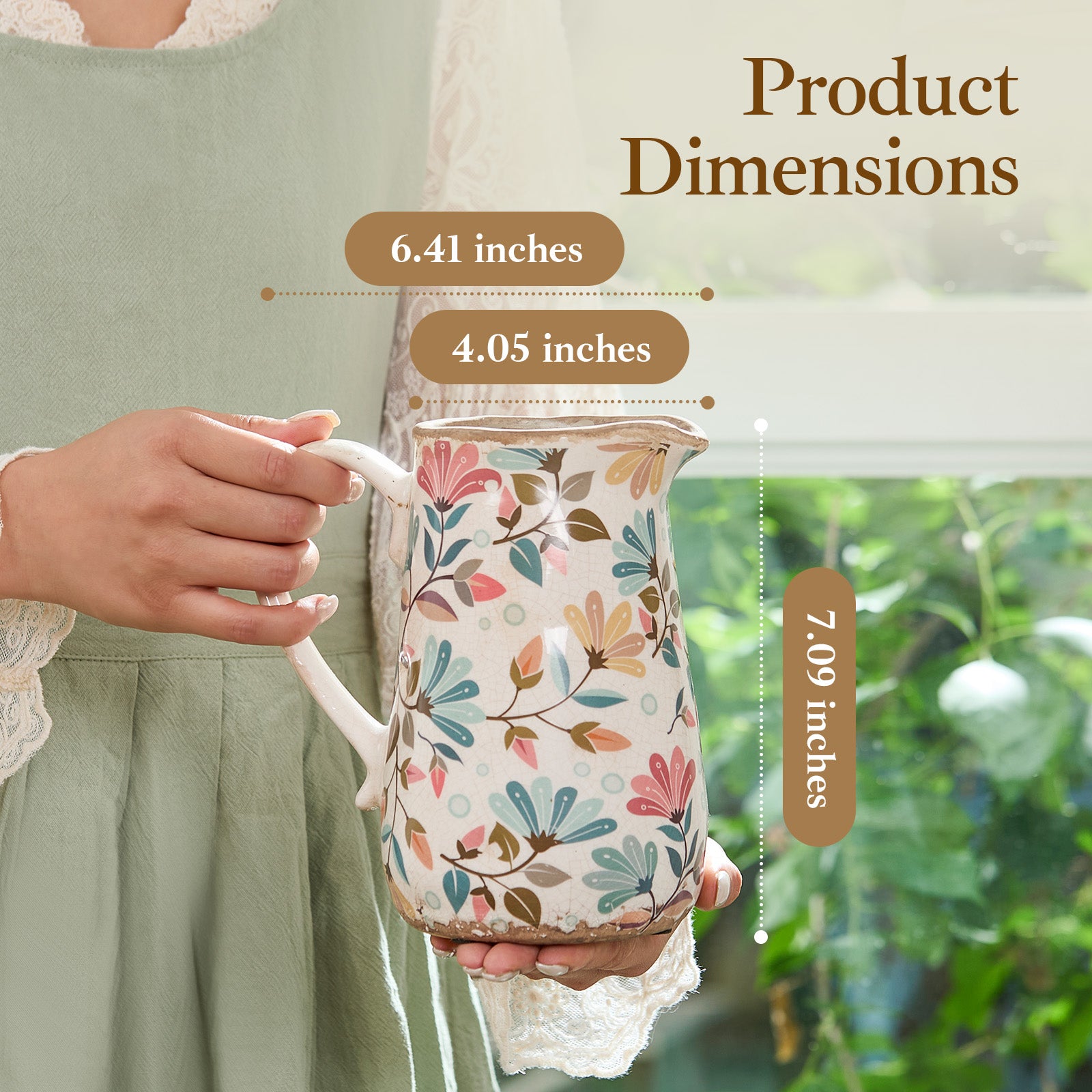 Vintage Colorful Flower Ceramic Vase with Handle, Retro Ice Glazed Crack Farmhouse Pitcher Vase for Home Decor, Living Room, Shelf, Office, Rustic Table Centerpiece 7 Inch