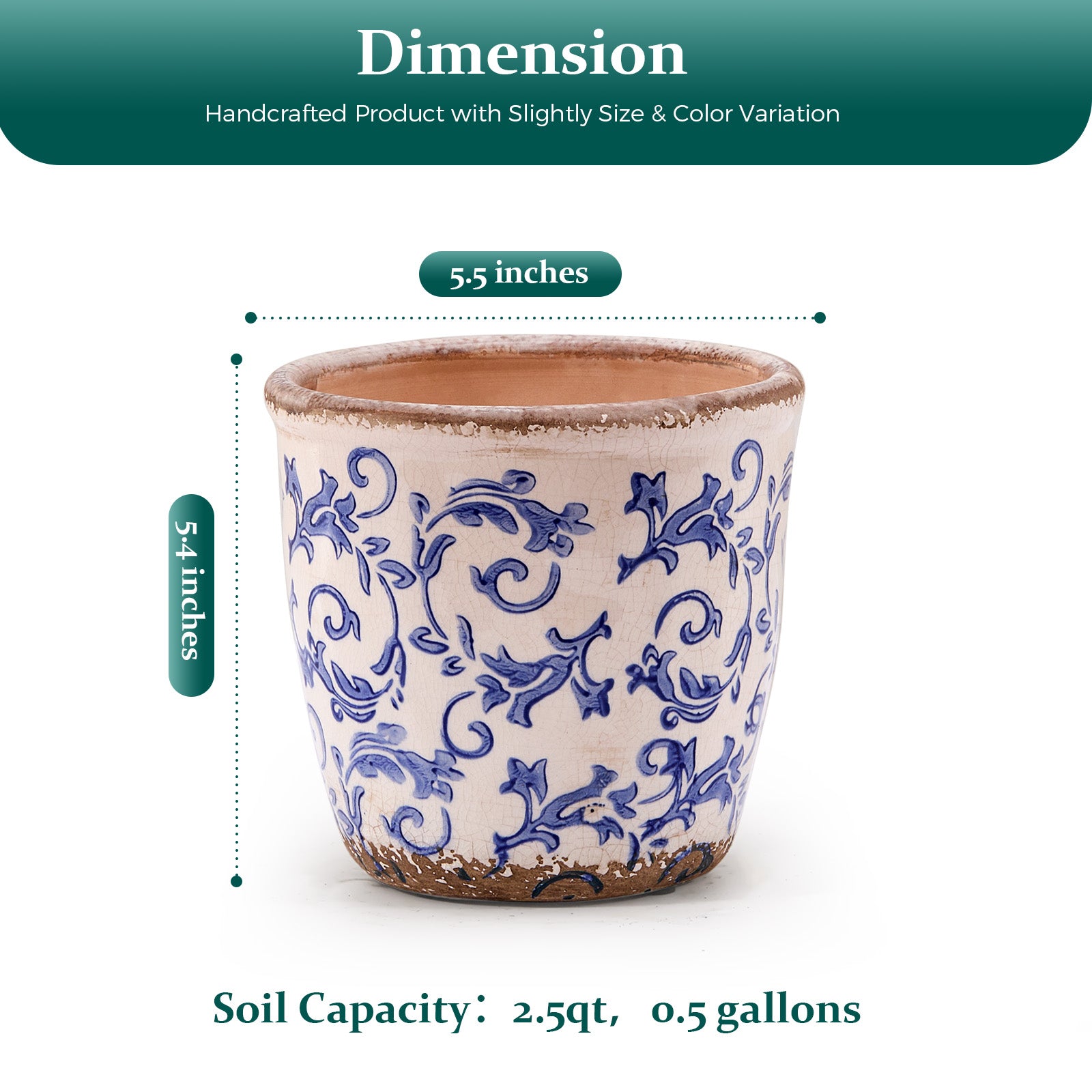 TEWEIQI  Farmhouse Ceramic Planter, Iced Crack Blue Flowers Vintage-inspired Ceramic Planter, 5.4” or 6.3" Height