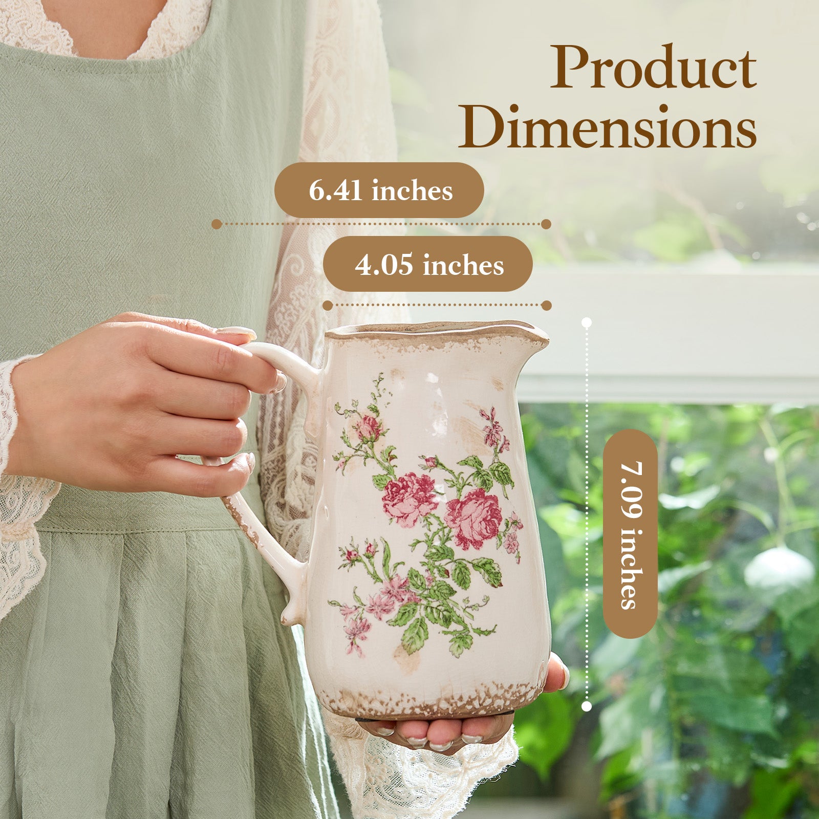 Vintage Rose Flora Ceramic Vase with Handle, Retro Ice Glazed Crack Farmhouse Pitcher Vase for Home Decor, Living Room, Shelf, Office, Rustic Table Centerpiece 7 Inch