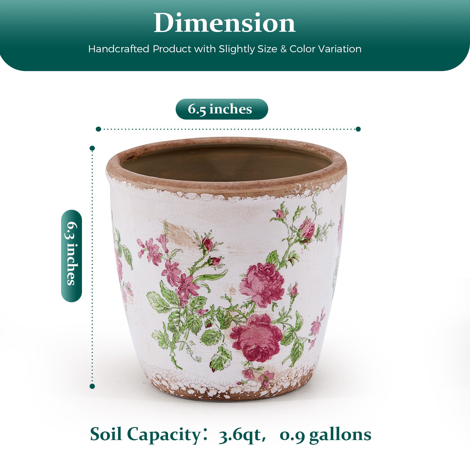 TEWEIQI  Vintage Pink Floral Ceramic Planter, Flower Pot for Home, Office & Garden Décor, 5.4” or 6.3" Height