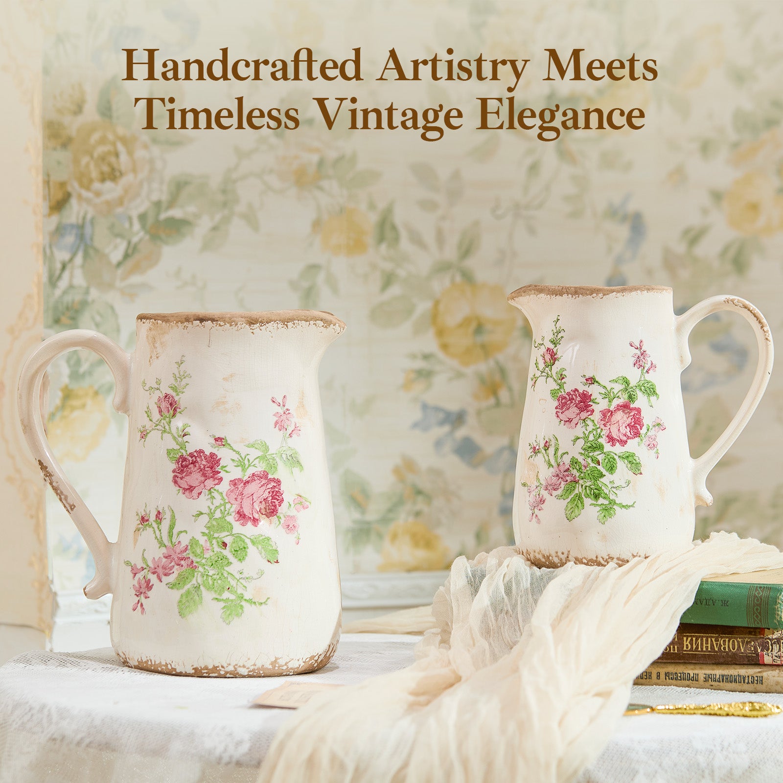 Vintage Rose Flora Ceramic Vase with Handle, Retro Ice Glazed Crack Farmhouse Pitcher Vase for Home Decor, Living Room, Shelf, Office, Rustic Table Centerpiece 7 Inch