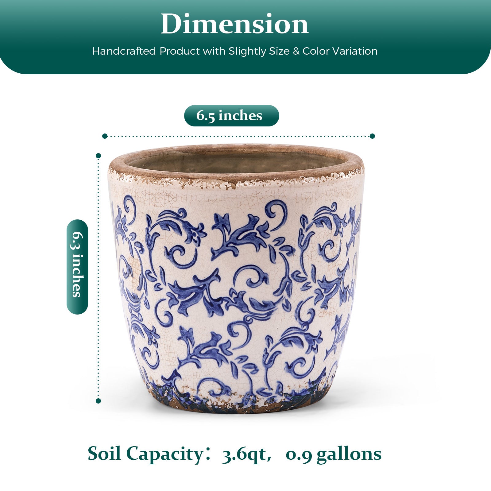 TEWEIQI  Farmhouse Ceramic Planter, Iced Crack Blue Flowers Vintage-inspired Ceramic Planter, 5.4” or 6.3" Height