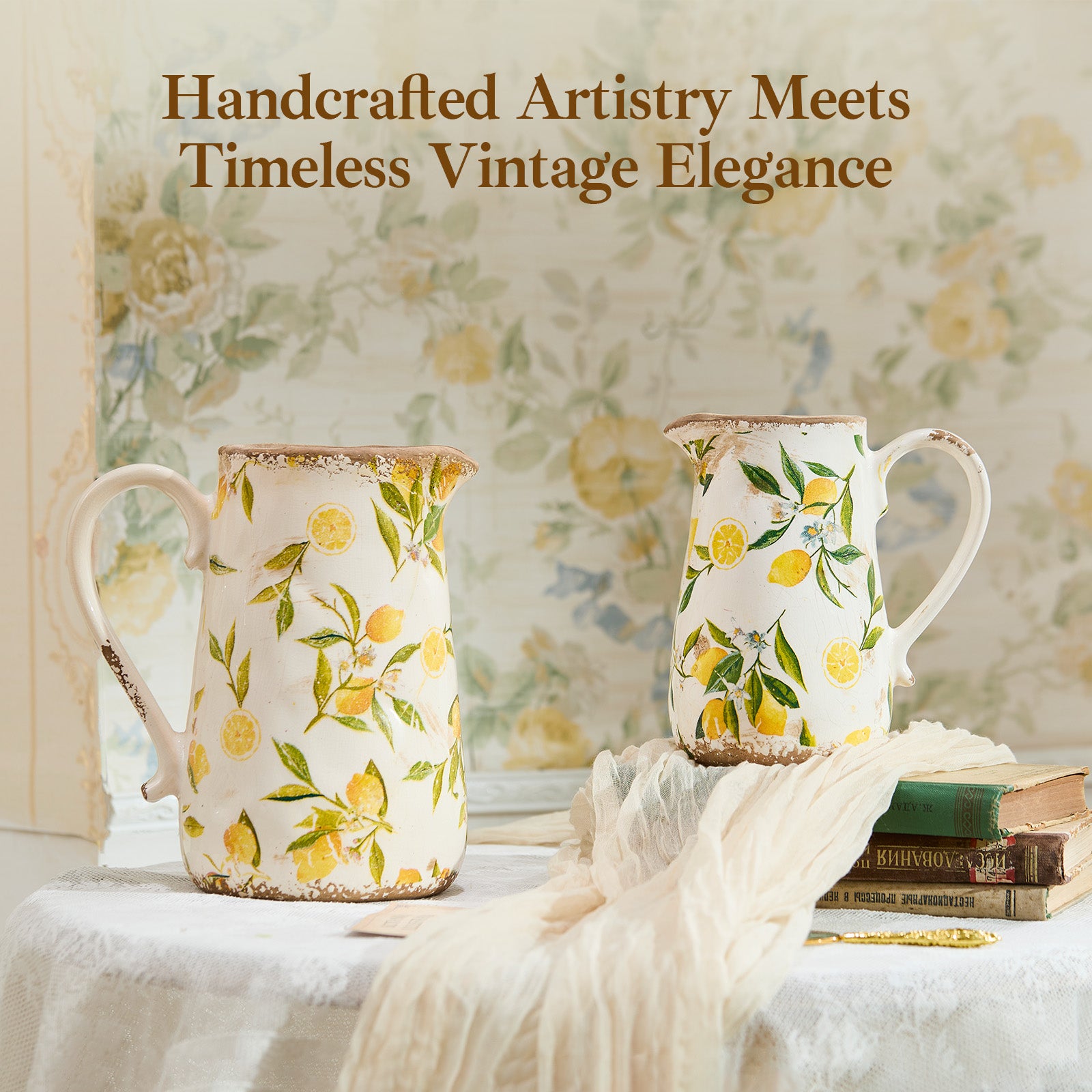 TEWEIQI  Vintage Lemon Ceramic Vase with Handle, Retro Ice Glazed Crack Farmhouse Pitcher Vase for Home Decor, 7" or 9" Height