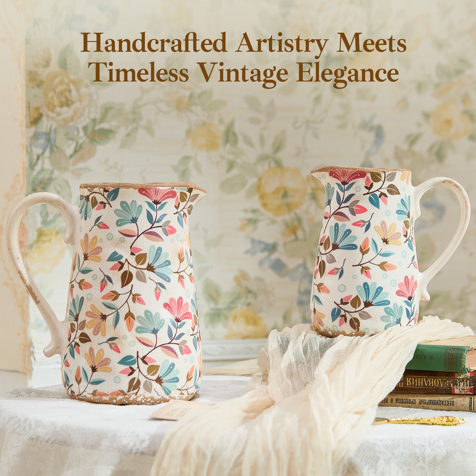 Vintage Colorful Flower Ceramic Vase with Handle, Retro Ice Glazed Crack Farmhouse Pitcher Vase for Home Decor, Living Room, Shelf, Office, Rustic Table Centerpiece 7 Inch