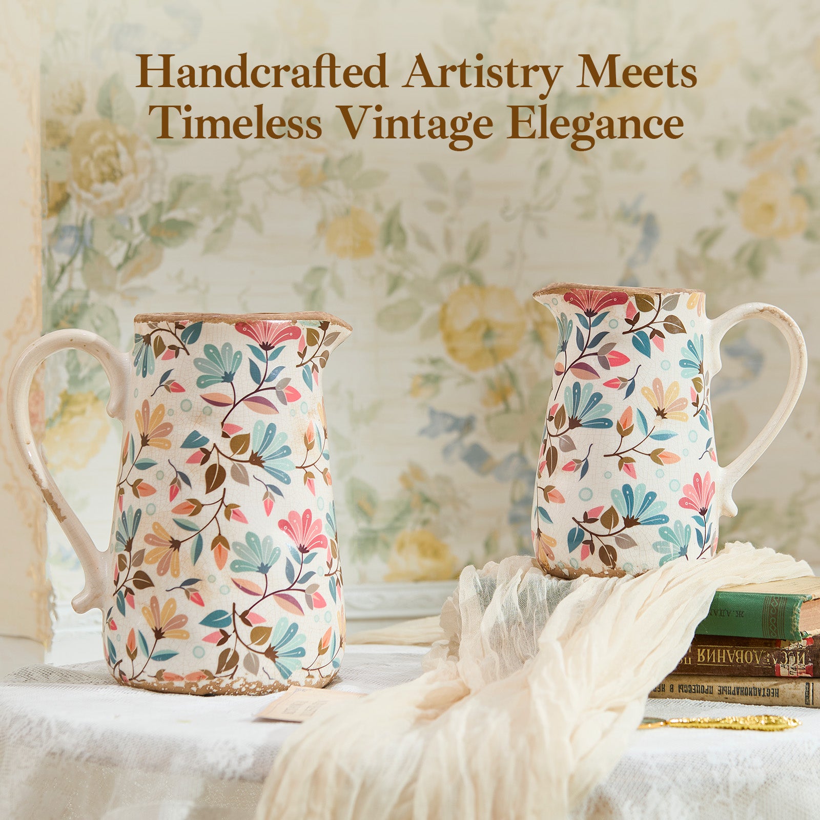 Vintage Colorful Flower Ceramic Vase with Handle, Retro Ice Glazed Crack Farmhouse Pitcher Vase for Home Decor, Living Room, Shelf, Office, Rustic Table Centerpiece 9 Inch