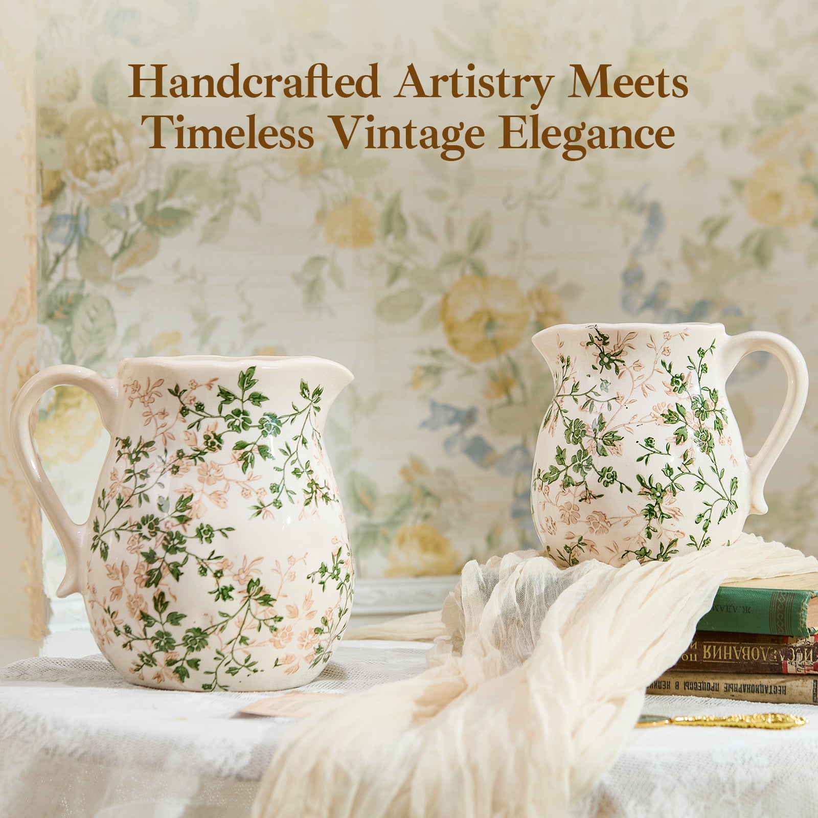 Ceramic Green and White Floral Vase with Handle, Rustic Farmhouse Pitcher Flower Vase, Chinoiserie Floral Vase for Home Decor, Living Room, Shelf, Office, Rustic Table Centerpiece 8 Inch