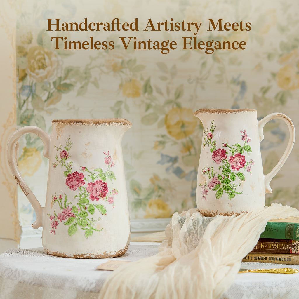 TEWEIQI  Vintage Pink Rose Ceramic Vase with Handle, Distressed Farmhouse Pitcher for Home Decor, 7" or 9" Height