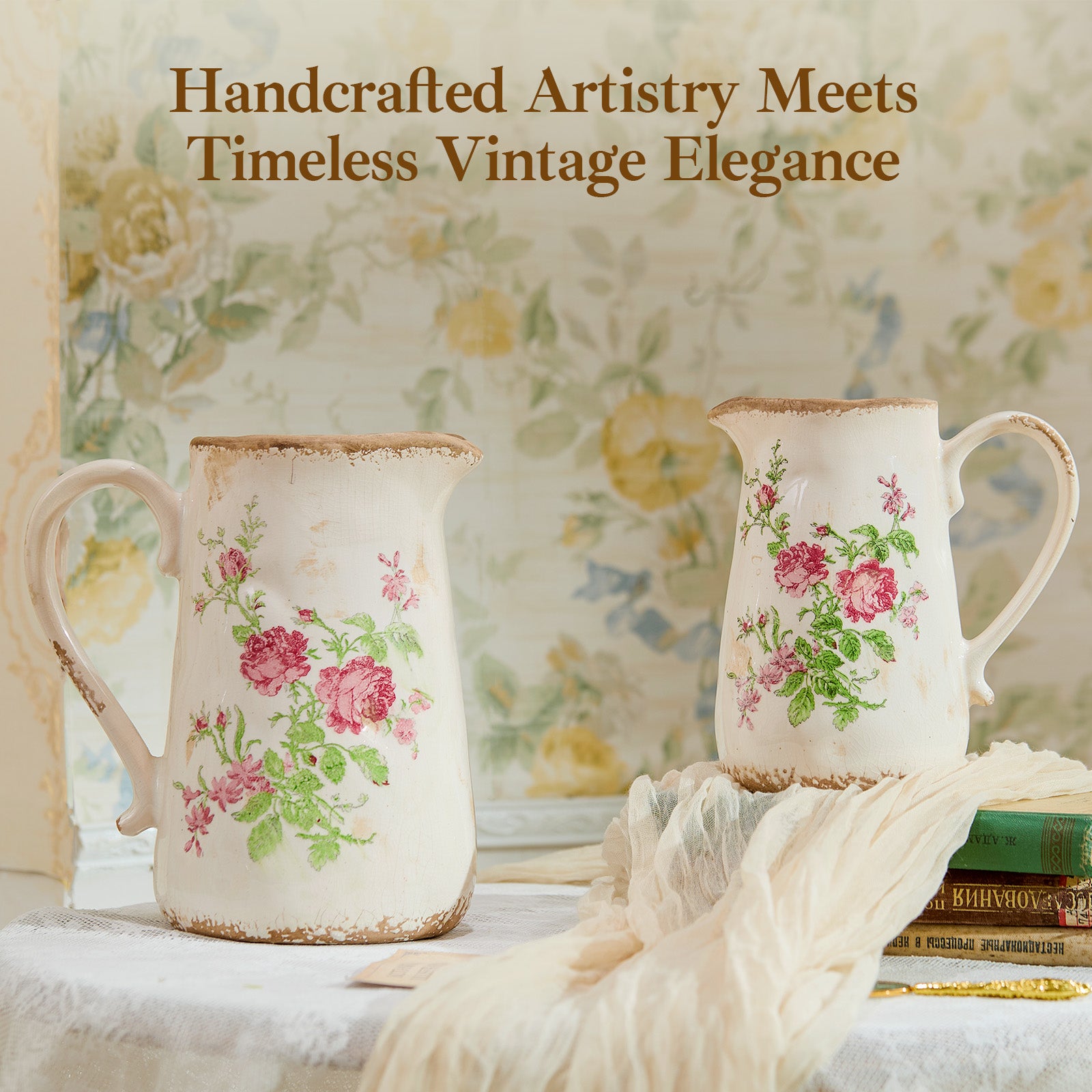 Retro Rustic Large Ceramic Vase with Handle, Distressed Farmhouse Pitcher for Home, Ideal Shelf Decor, Red Rose Floral Vase for Living Room Bedroom Office Table Centerpiece Decorations 9 Inch