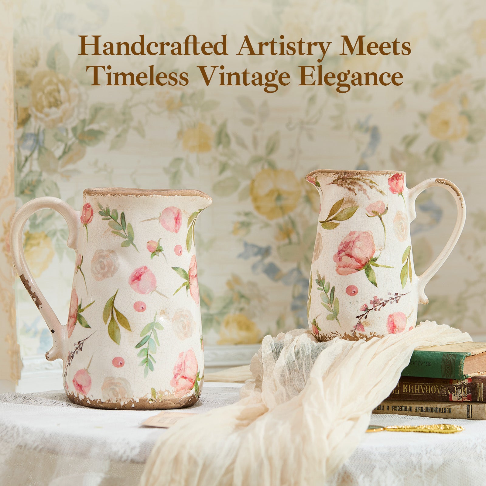 Vintage Fruit and Floral Ceramic Vase with Handle, Retro Ice Glazed Crack Farmhouse Pitcher Vase for Home Decor, Living Room, Shelf, Office, Rustic Table Centerpiece 7 Inch