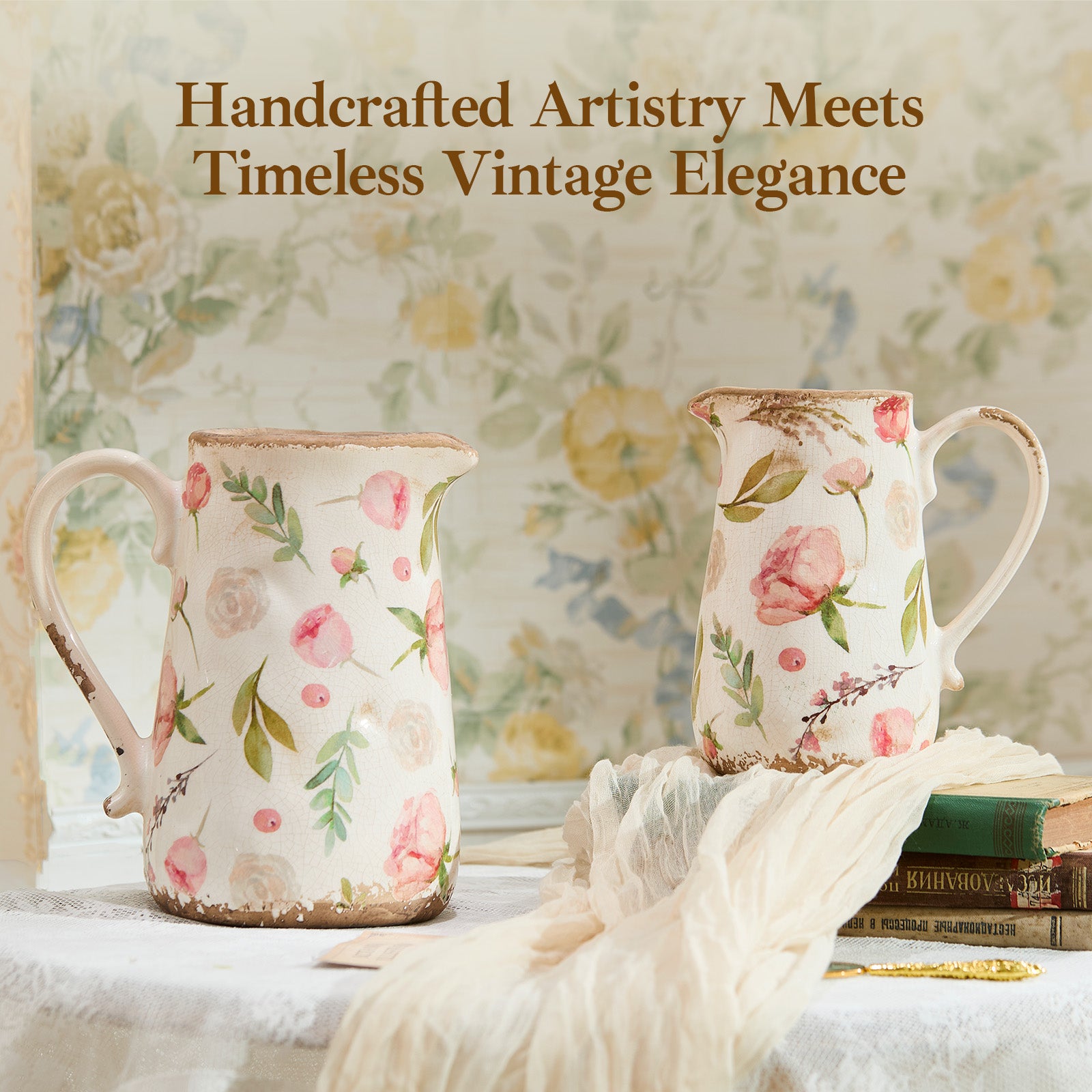 Retro Rustic Large Ceramic Vase with Handle, Distressed Farmhouse Pitcher for Home, Ideal Shelf Decor Floral Vase for Living Room Bedroom Office Table Centerpiece Decorations 9 Inch