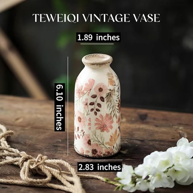 TEWEIQI  Retro Vintage Colorful Daisy Ceramic Vases - Rustic Cute Decor for Home Office Shelf & Table, 2 Sizes in One set