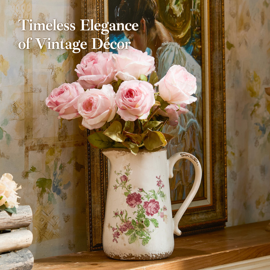 TEWEIQI  Vintage Pink Rose Ceramic Vase with Handle, Distressed Farmhouse Pitcher for Home Decor, 7" or 9" Height
